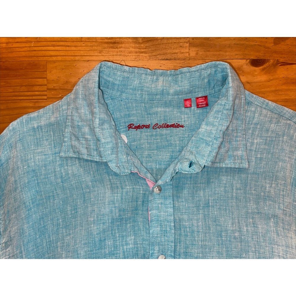 Report Collection Shirt Men Large 100% Linen Pink Striped Short Sleeve Button Up